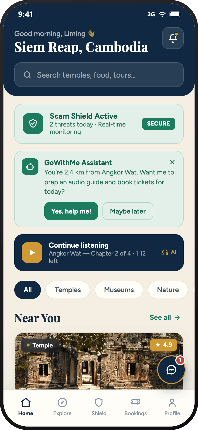 GoWithMe app home screen — Siem Reap, Scam Shield active, AI assistant offering an audio guide